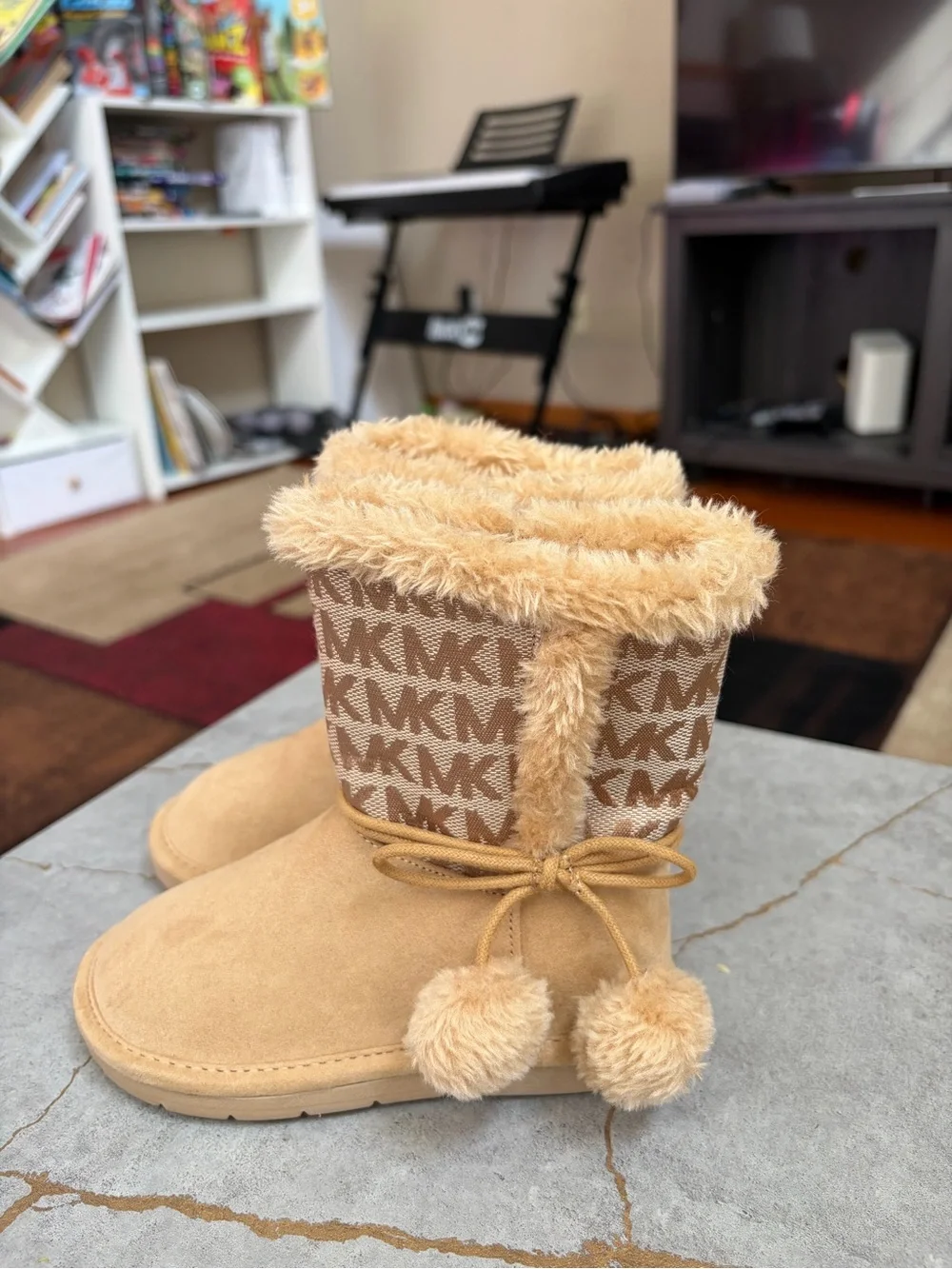 Michael Kors Kids Beige/Tan Faux-Fur Pom Pom Logo Boots